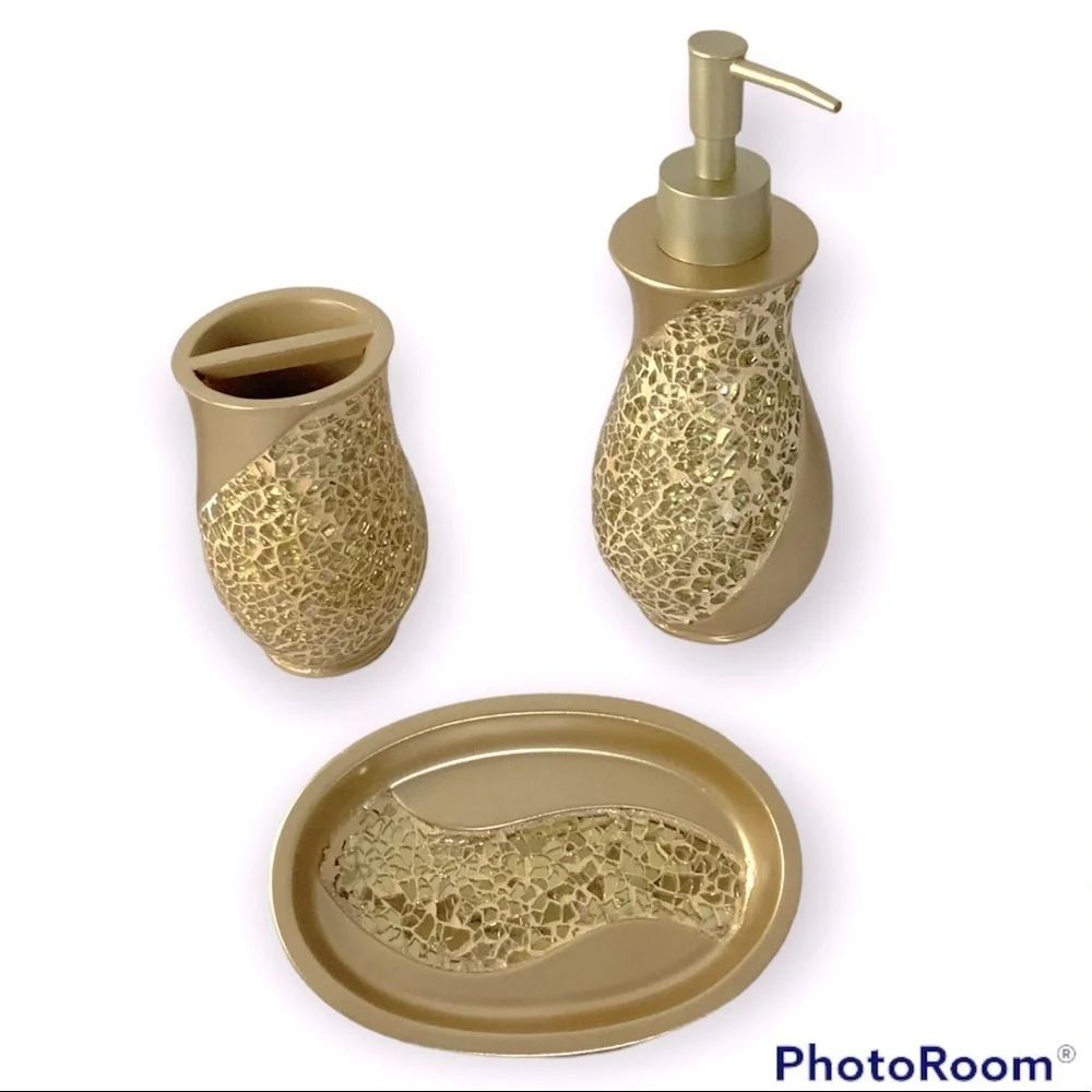 Champagne Gold Mosaic Glass Sparkle Sinatra Bath Accessory Matching 3 Piece Set
